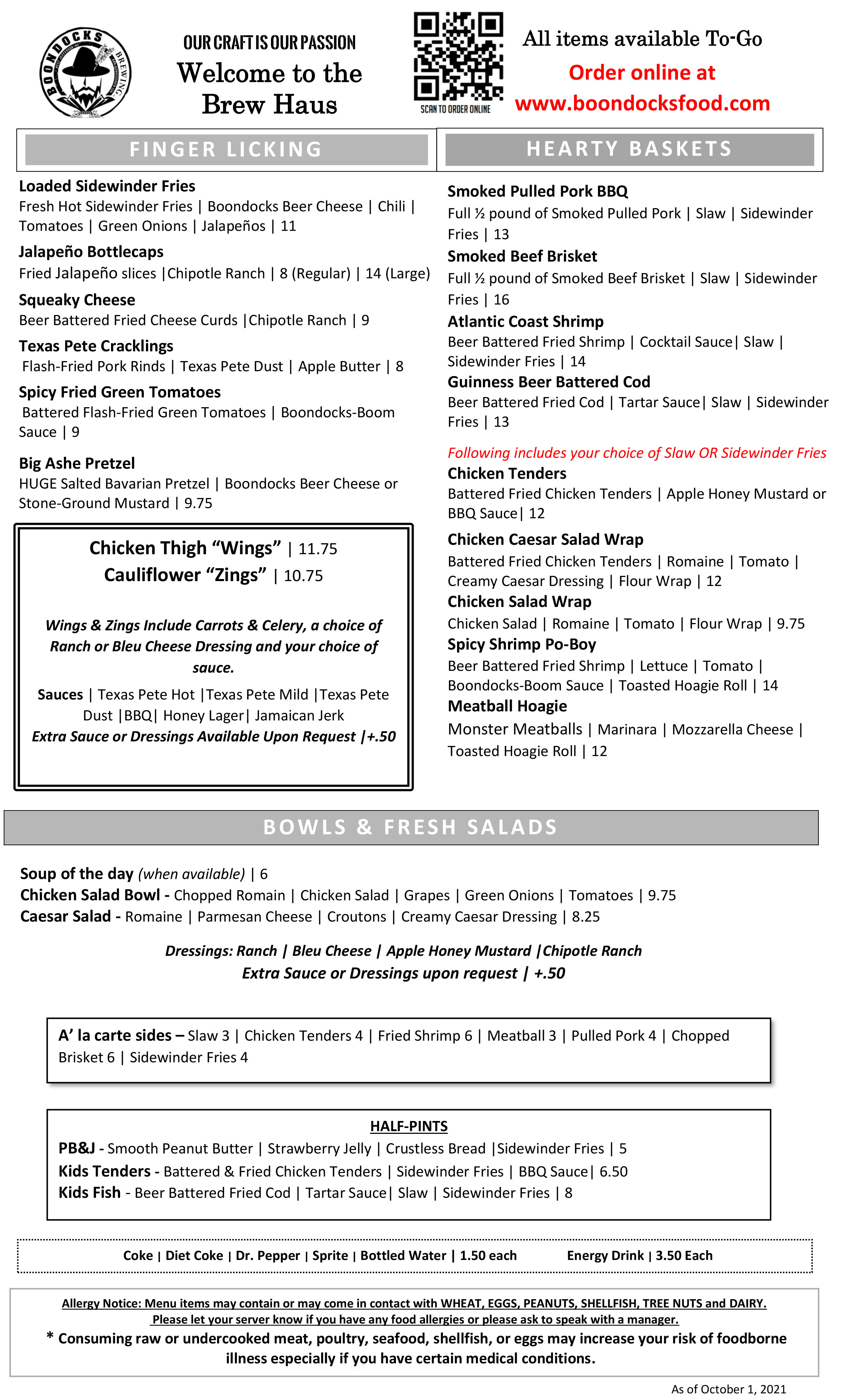 Boondocks Brewing Tap Room & Restaurant Menu