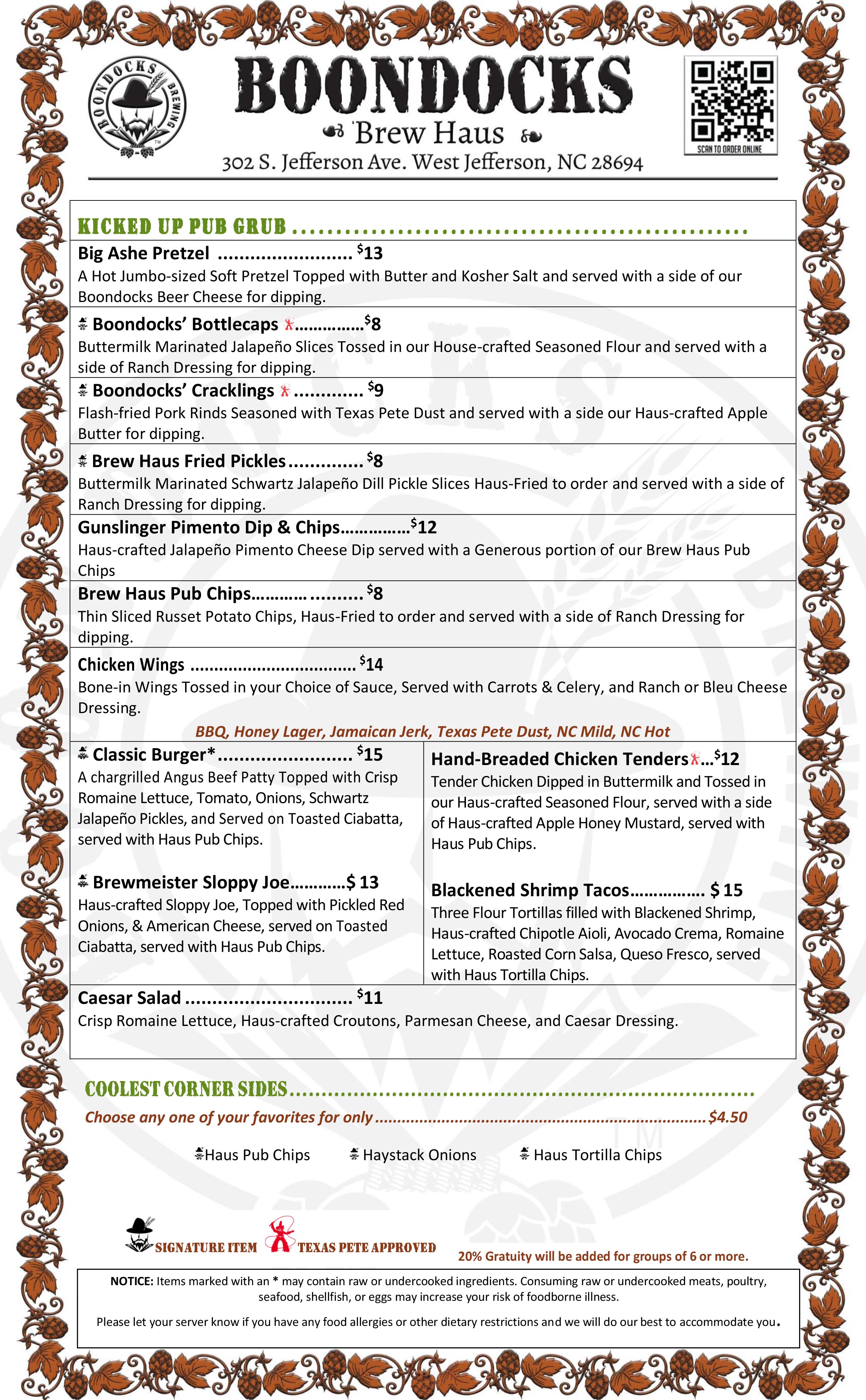 Boondocks Brewing Tap Room & Restaurant Menu